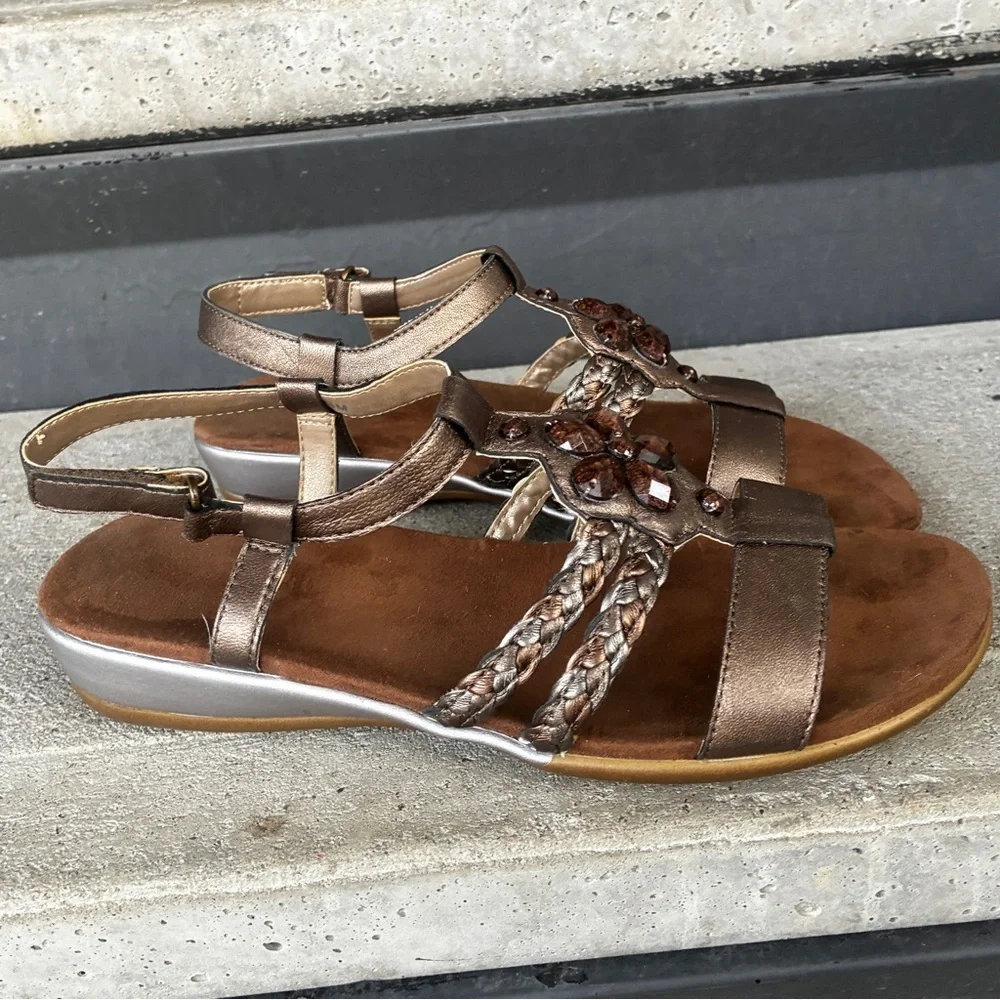 Easy Spirit Eshattie bronze metallic Rhinestone Embellished t-strap flat Sandals